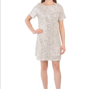 7 For All Mankind sparkly sequins slip shirt dress size small short sleeve cream